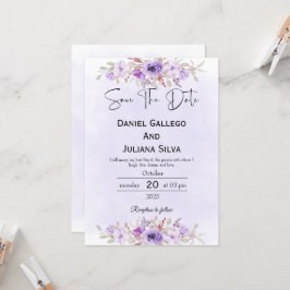 Purple Minimalist Floral Wedding Save the Date 招待状