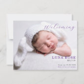 Purple Minimalist Photo Baby Announcement Card (正面)