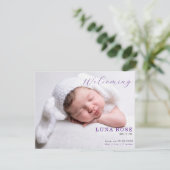 Purple Minimalist Photo Baby Announcement Card (スタンド正面)