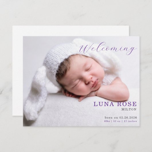 Purple Minimalist Photo Baby Announcement Card (正面/裏面)