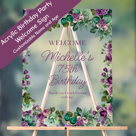 Purple Mint Green Floral Birthday Party Welcome アクリルサイン