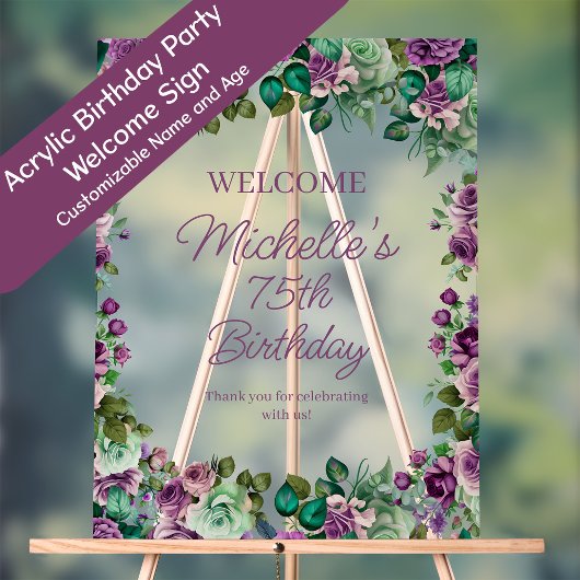 Purple Mint Green Floral Birthday Party Welcome アクリルサイン