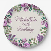 Purple Mint Green Watercolor Floral 75th Birthday ペーパープレート (正面)