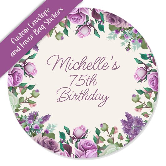 Purple Mint Green Watercolor Floral 75th Birthday ラウンドシール