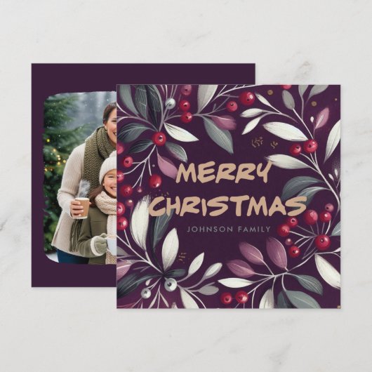 Purple mistletoe wreath Flat Holiday Card シーズンカード (正面/裏面)