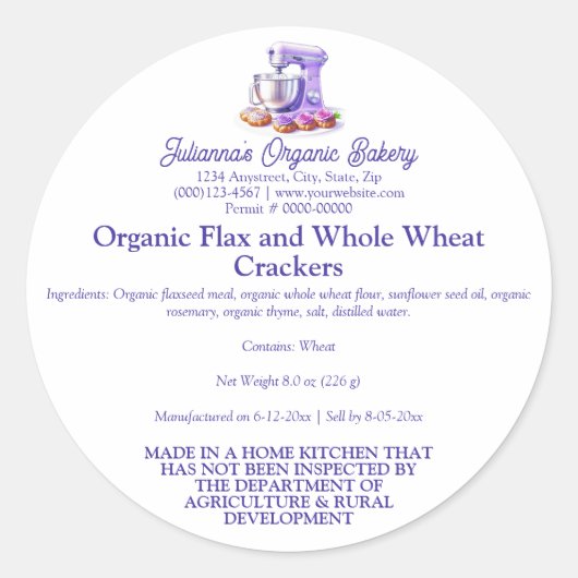 Purple Mixer Bread Bakery Food Product Label ラウンドシール (正面)