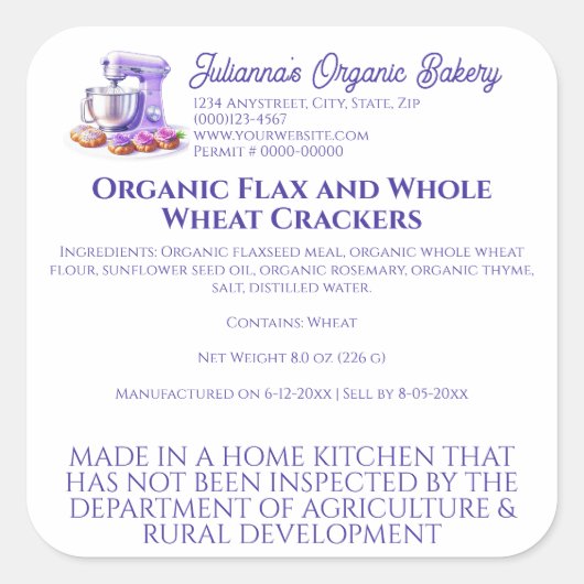 Purple Mixer Bread Bakery Pastry Chef Food Product スクエアシール (正面)