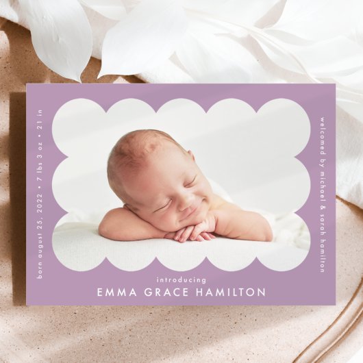 Purple Modern Scalloped Photo Frame Birth 案内状
