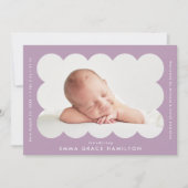 Purple Modern Scalloped Photo Frame Birth 案内状 (正面)