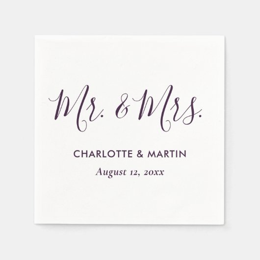 Purple Modern Script Mr. and Mrs. Wedding スタンダードカクテルナプキン (正面)