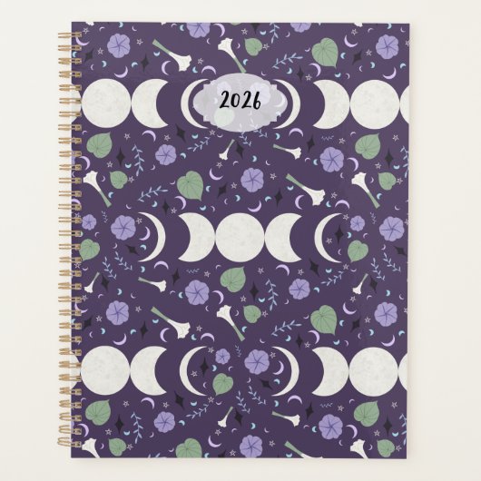 Purple Moon Phase Floral Pattern 2026 Planner プランナー手帳 (正面)