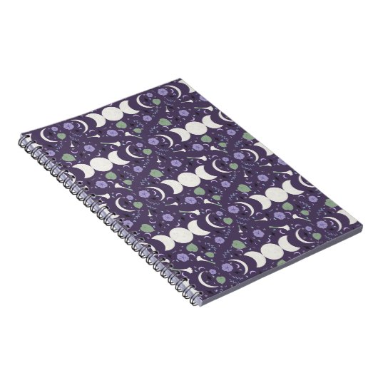 Purple Moon Phase Floral Pattern Spiral Notebook ノートブック (右側)