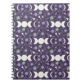 Purple Moon Phase Floral Pattern Spiral Notebook ノートブック
