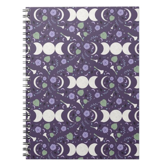 Purple Moon Phase Floral Pattern Spiral Notebook ノートブック (正面)