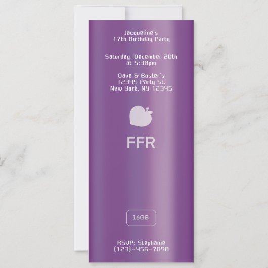 Purple MP3 Music Player Birthday 招待状 (裏面)