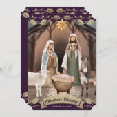 Purple Nativity Scene Christian Christmas シーズンカード (正面/裏面)