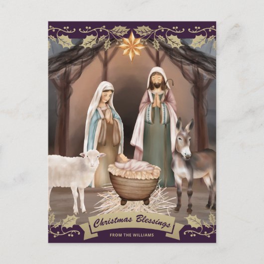 Purple Nativity Scene Christian Christmas シーズンポストカード (正面)
