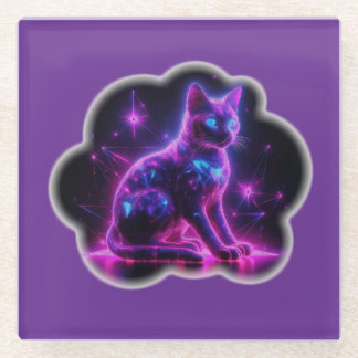 Purple Neon Siamese Cat With Blue Eyes & Starburst ガラスコースター