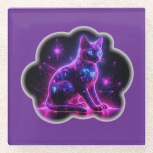 Purple Neon Siamese Cat With Blue Eyes & Starburst ガラスコースター (正面)