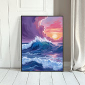 Purple Ocean Waves Sunset Watercolor Painting ポスター
