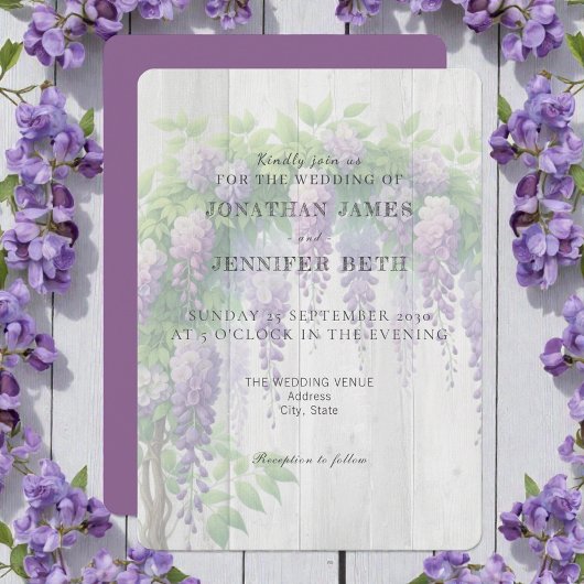 Purple on Wood Wisteria Floral Wedding Invitation 招待状