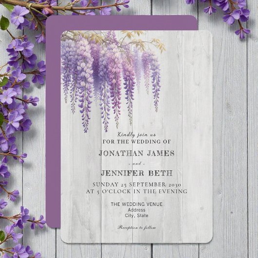 Purple on Wood Wisteria Floral Wedding Invitation 招待状