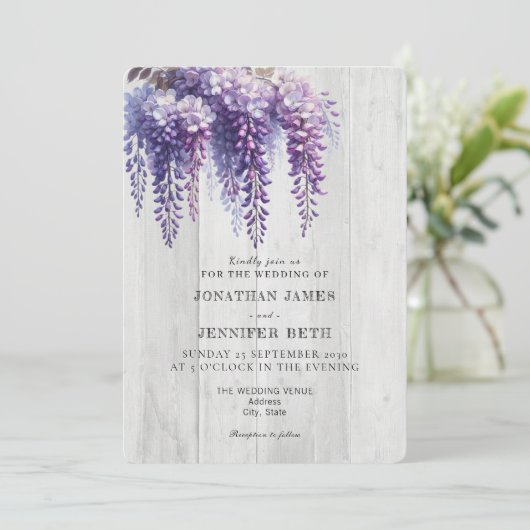 Purple on Wood Wisteria Floral Wedding Invitation 招待状 (スタンド正面)