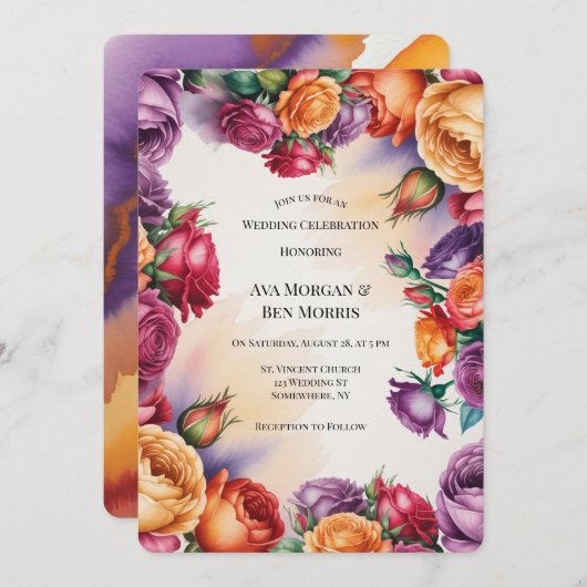 Purple Orange and Red Rose Wedding with QR-Code 招待状 (正面/裏面)