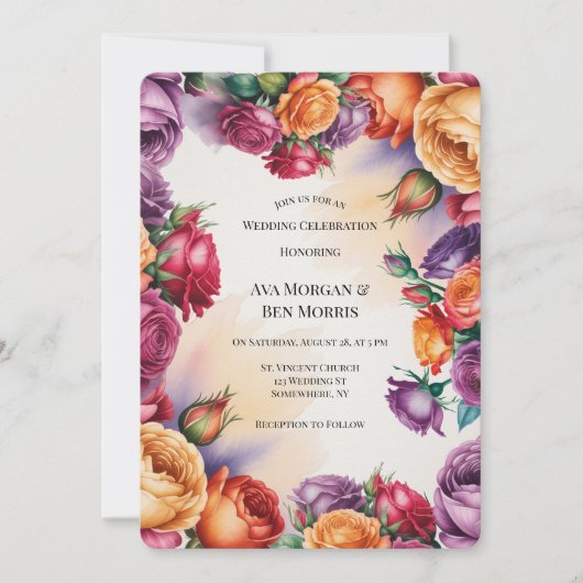 Purple Orange and Red Rose Wedding with QR-Code 招待状 (正面)