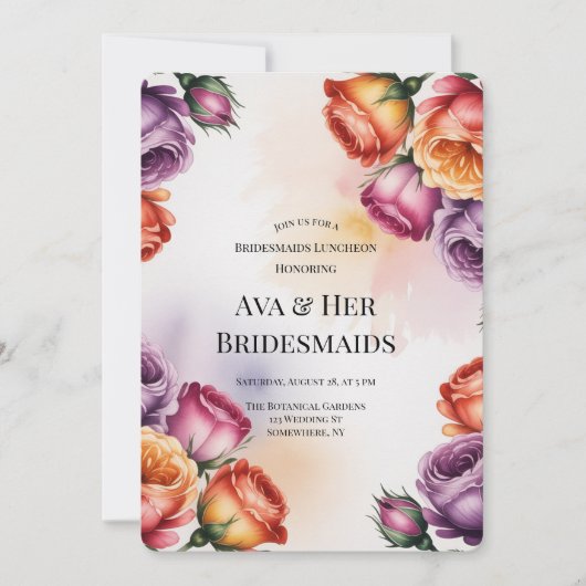Purple Orange and Red Roses Bridesmaids Luncheon 招待状 (正面)