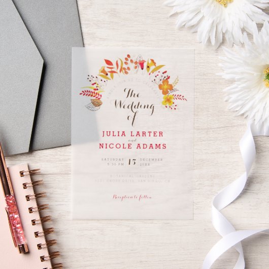 Purple Orange Boho Wildflower Foliage Wedding ベラム紙招待状 (ウェディング)