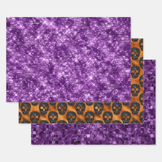 Purple Orange Glitter Skull Halloween Pattern ラッピングペーパーシート (セット)