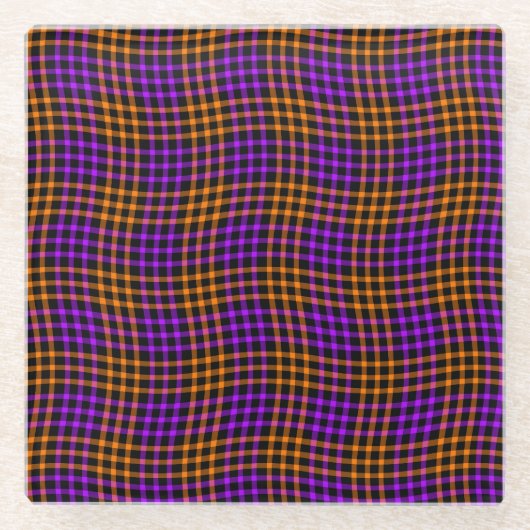 Purple Orange Plaid Checker Seamless Pattern ガラスコースター (正面)