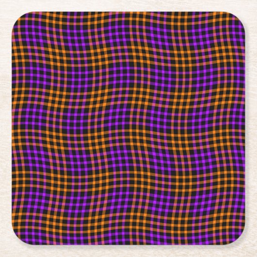 Purple Orange Plaid Checker Seamless Pattern スクエアペーパーコースター (正面)