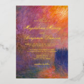Purple & Orange Sunset Sky Monet Fine Art Wedding 箔招待状 (正面)