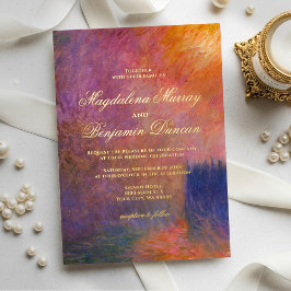 Purple & Orange Sunset Sky Monet Fine Art Wedding 箔招待状