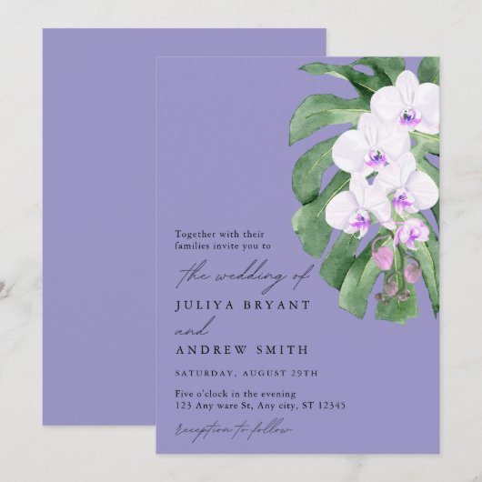 Purple Orchid on Tropical leaf script wedding 招待状 (正面/裏面)