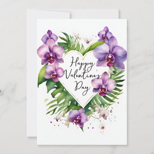 Purple Orchid Watercolor Tropical Valentine's Card (正面)