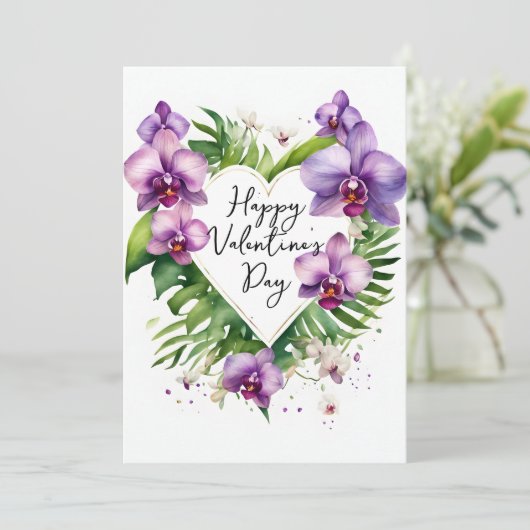 Purple Orchid Watercolor Tropical Valentine's Card (スタンド正面)
