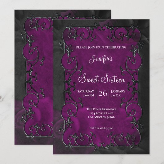 Purple Ornate Frame  Gothic Sweet 16 招待状 (正面/裏面)