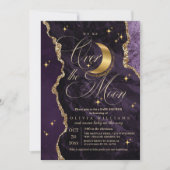  Purple Over the Moon Gold Stars Baby Shower  招待状 (正面)