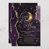  Purple Over the Moon Gold Stars Baby Shower  招待状 (正面/裏面)