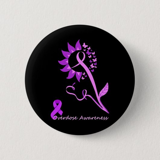 Purple Overdose Awareness Butterfly Sunflower Ribb 缶バッジ (正面)