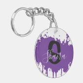Purple Paint Splatter Personalized Initial & Name  キーホルダー (正面左)