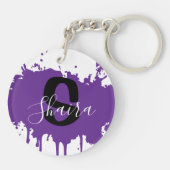 Purple Paint Splatter Personalized Initial & Name  キーホルダー (裏面)