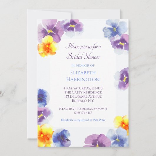 Purple Pansies Boho Hand-Illustrated Bridal Shower 招待状 (正面)