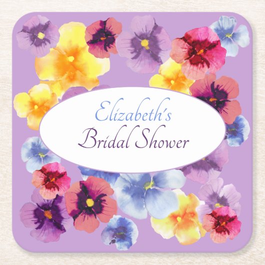 Purple Pansy Boho Floral Bridal Shower スクエアペーパーコースター (正面)