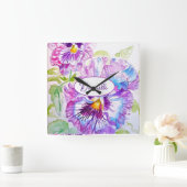 Purple Pansy Flower Pattern Watercolor Girls Clock スクエア壁時計 (ホーム)