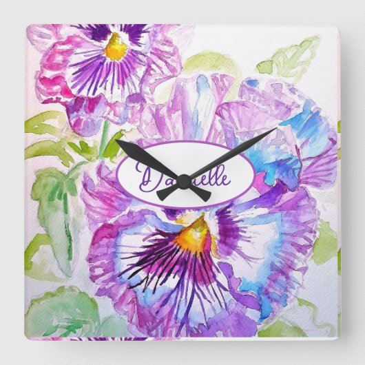 Purple Pansy Flower Pattern Watercolor Girls Clock スクエア壁時計 (正面)