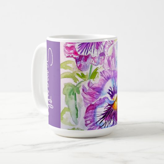 Purple Pansy Flower Watercolor Womans Name Pansies コーヒーマグカップ (正面左)